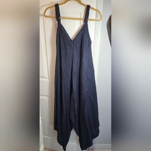 Made In Italy 100% lenen womens romper navy blue asymmetrical legs adj straps
